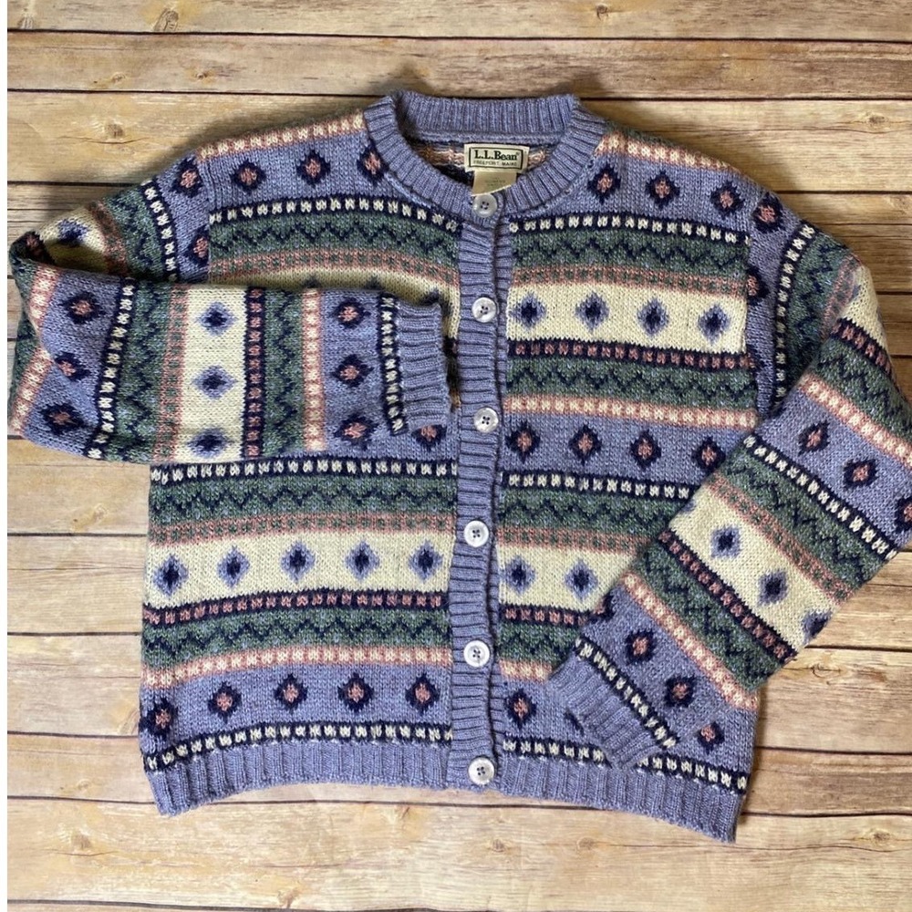LL Bean Vintage Fair Isle Mohair Blend Cardigan Sweater Purple USA Made Womens S